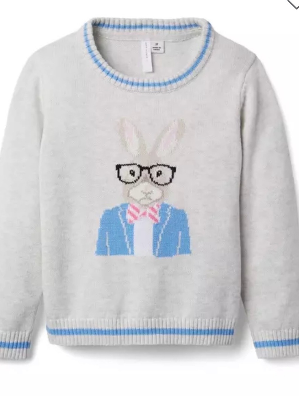 Janie and Jack Light Gray Bunny Sweater with Blue and Pink Accents